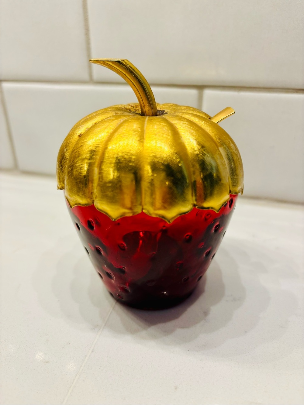 Vintage Avon Ruby Red “Strawberry Gelee” Glass Jar with Gold Lid & Spoon